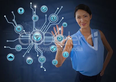 Businesswoman touching various business icons interface