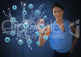 Businesswoman touching various business icons interface