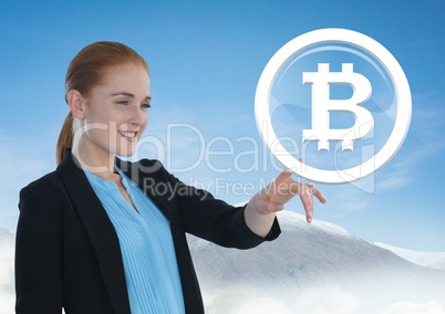 Businesswoman touching bitcoin graphic icon