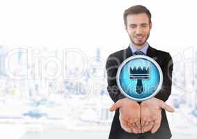 Clean brush icon and Businessman with hands palm open in city