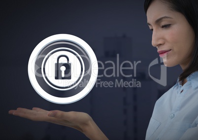 Businesswoman with hands palm open and security lock icon