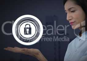 Businesswoman with hands palm open and security lock icon