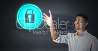 Businessman touching security lock icon