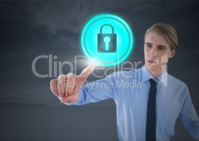 Businessman touching security lock icon