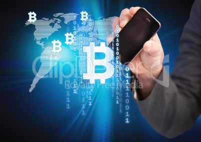 Bitcoin icons on world map and hand holding phone