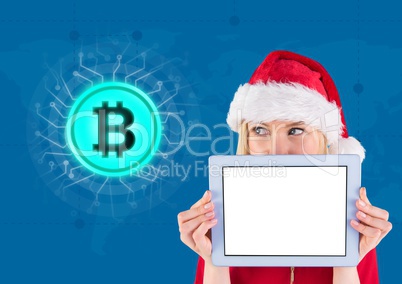 Bitcoin icon and female Santa holding tablet