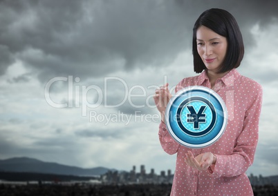 Yen icon and Businesswoman with hands palm open in city landscape