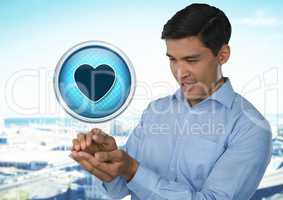Heart love icon and Businessman with hands palm together in city