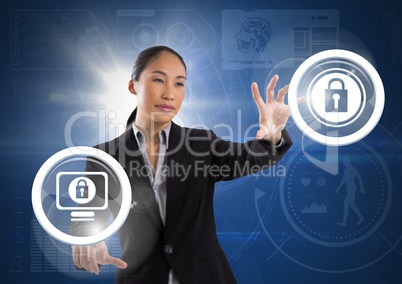 Businesswoman touching security lock icons