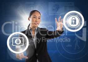 Businesswoman touching security lock icons