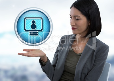 Computer profile icon and Businesswoman with hand palm open in city office