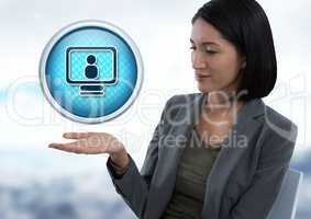 Computer profile icon and Businesswoman with hand palm open in city office