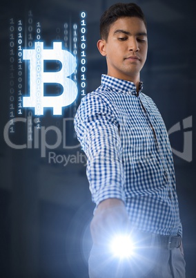 Businessman touching bitcoin graphic icon Businessman touching bitcoin graphic icon