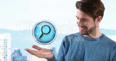 Magnifying glass search icon and Businessman with hand palm open in city