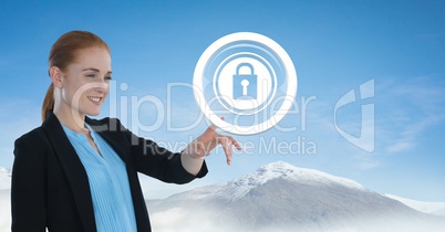 Businesswoman touching security lock icon