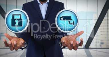 Security icons and Businessman with hands palm open in city office