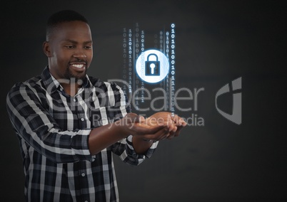 Businessman with hands palm open and security lock icons