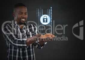 Businessman with hands palm open and security lock icons