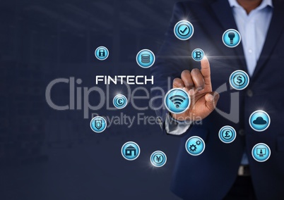Businessman touching Fintech with various business icons