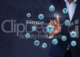 Businessman touching Fintech with various business icons
