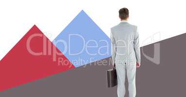 Businessman holding briefcase with minimal shapes