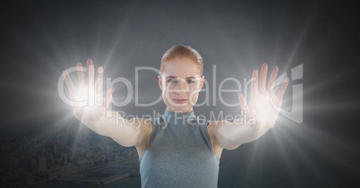 Futuristic Businesswoman touching air glow