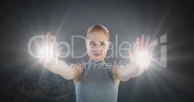 Futuristic Businesswoman touching air glow
