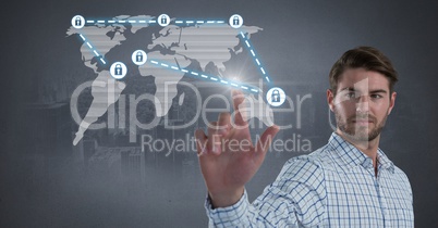 Businessman touching security lock icons connecting on map