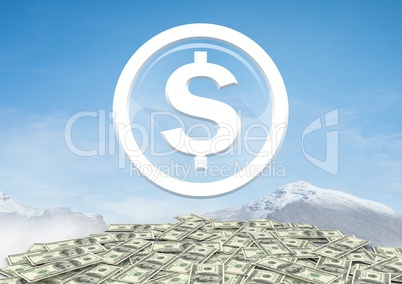 Dollar glass circle icon on pile of money dollars in Winter mountains