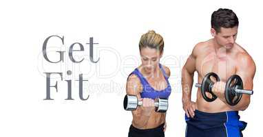 Get fit text and fitness couple lifting weights