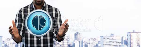 Brain icon and Businessman with hands palm open in city