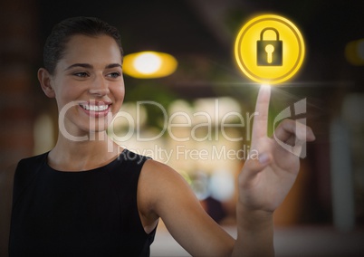 Businesswoman touching security lock icon
