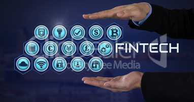 Businessman with hands palm open and Fintech with various business icons