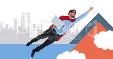 Flying superhero businessman with minimal shapes in city