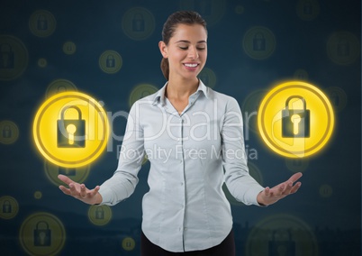 Businesswoman with hands palm open and security lock icons