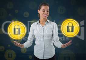 Businesswoman with hands palm open and security lock icons