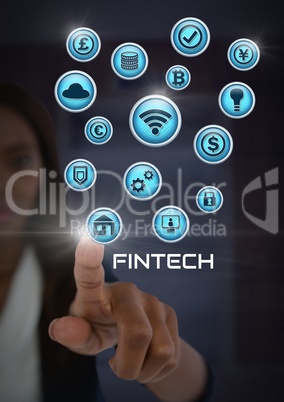 Businesswoman touching Fintech with various business icons