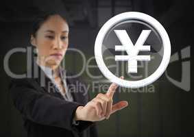 Businesswoman touching Yen graphic icon