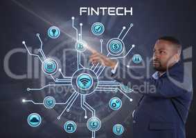 Businessman touching Fintech with various business icons interface