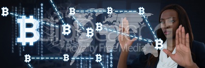 Businesswoman touching bitcoin graphic icons connecting