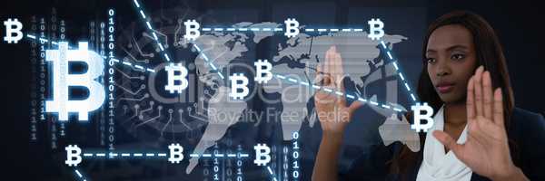 Businesswoman touching bitcoin graphic icons connecting