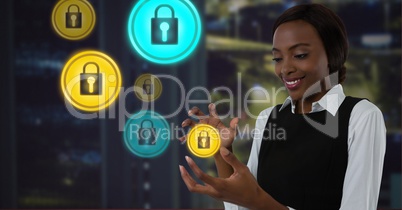 Businesswoman with hands palm open and security lock icons