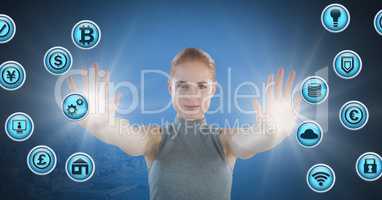 Businesswoman touching various business icons