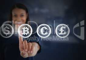 Businesswoman touching bitcoin graphic icon and money currencies