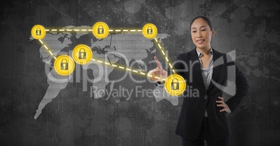 Businesswoman touching security lock icons connecting on map