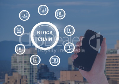 Block chain network circles and hand holding phone