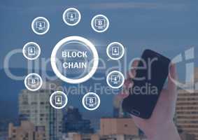 Block chain network circles and hand holding phone