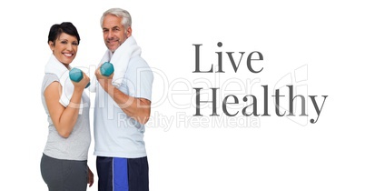 Live healthy text and fitness couple lifting weights