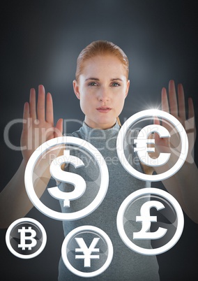 Futuristic Businesswoman interacting with international money currencies