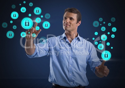 Businessman touching security lock icons